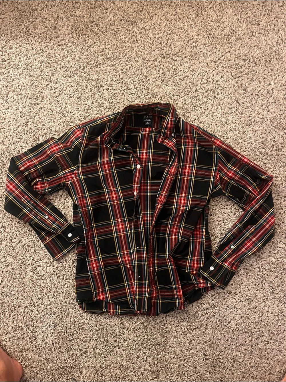 J. Crew Black Plaid Button-Down Shirt with Red and Yellow Accents
